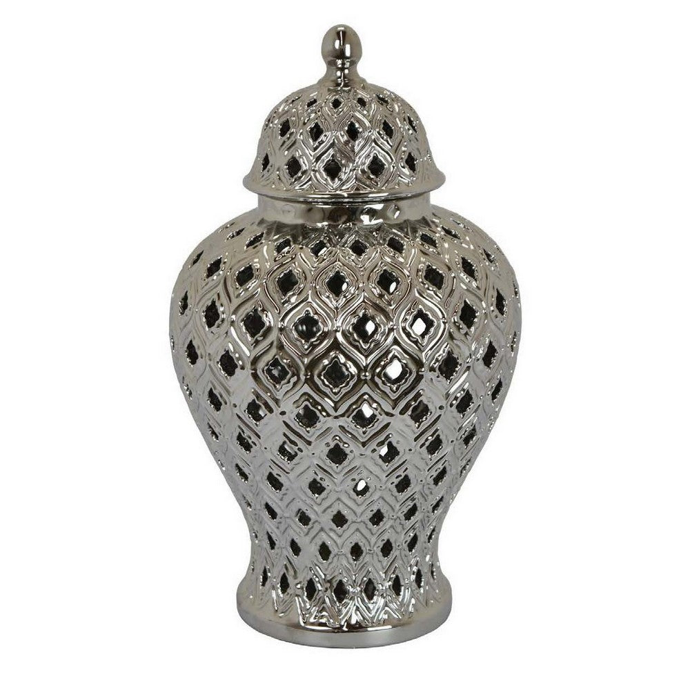Deni 18 Inch Temple Jar, Pierced, Carved Lattice Design, Lid, Silver By Casagear Home