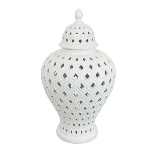 Deni 18 Inch Temple Jar, Pierced, Carved Lattice Design, Lid, White By Casagear Home
