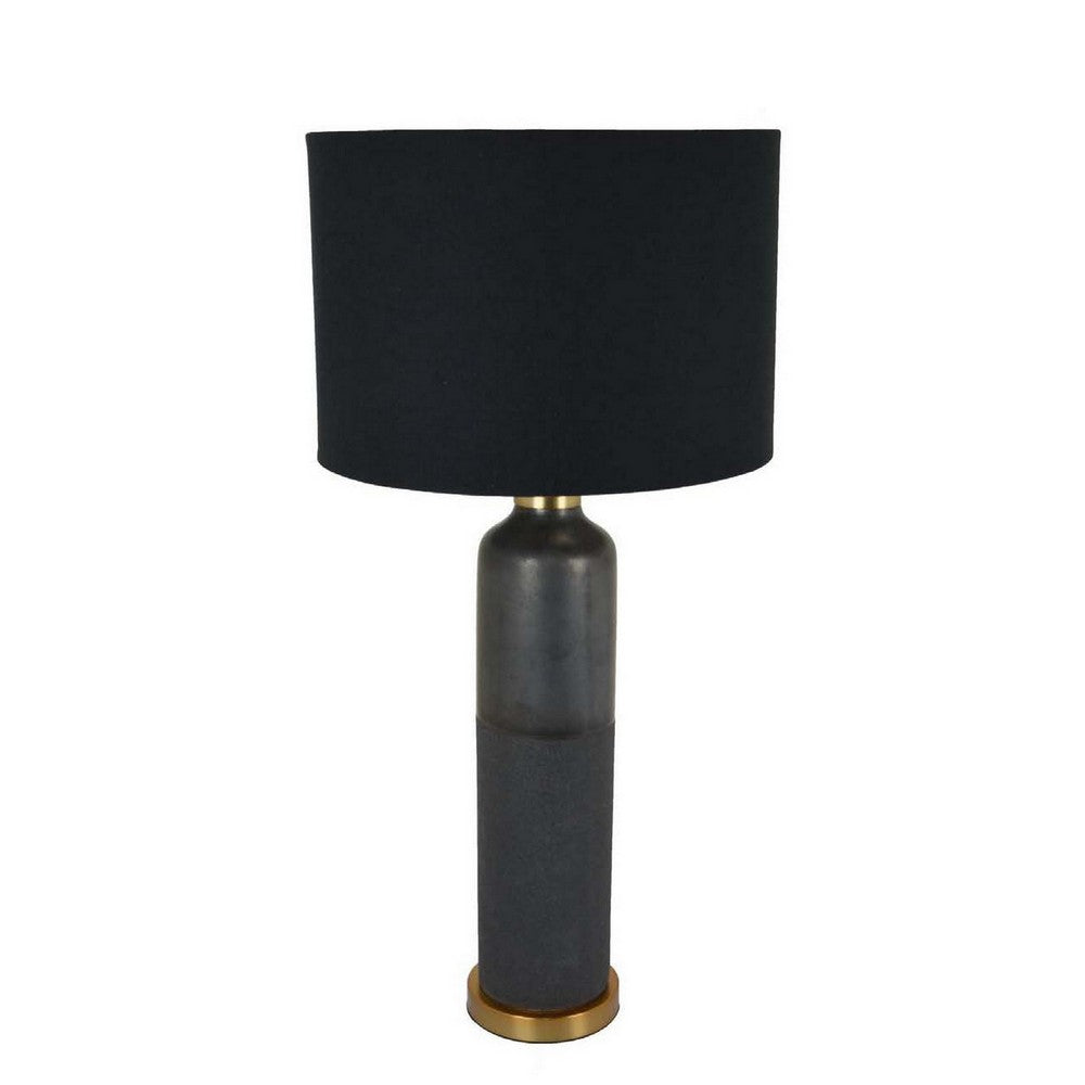 32 Inch Table Lamp, Drum Shade, Ceramic Cylinder Body, Matte Black Finish By Casagear Home