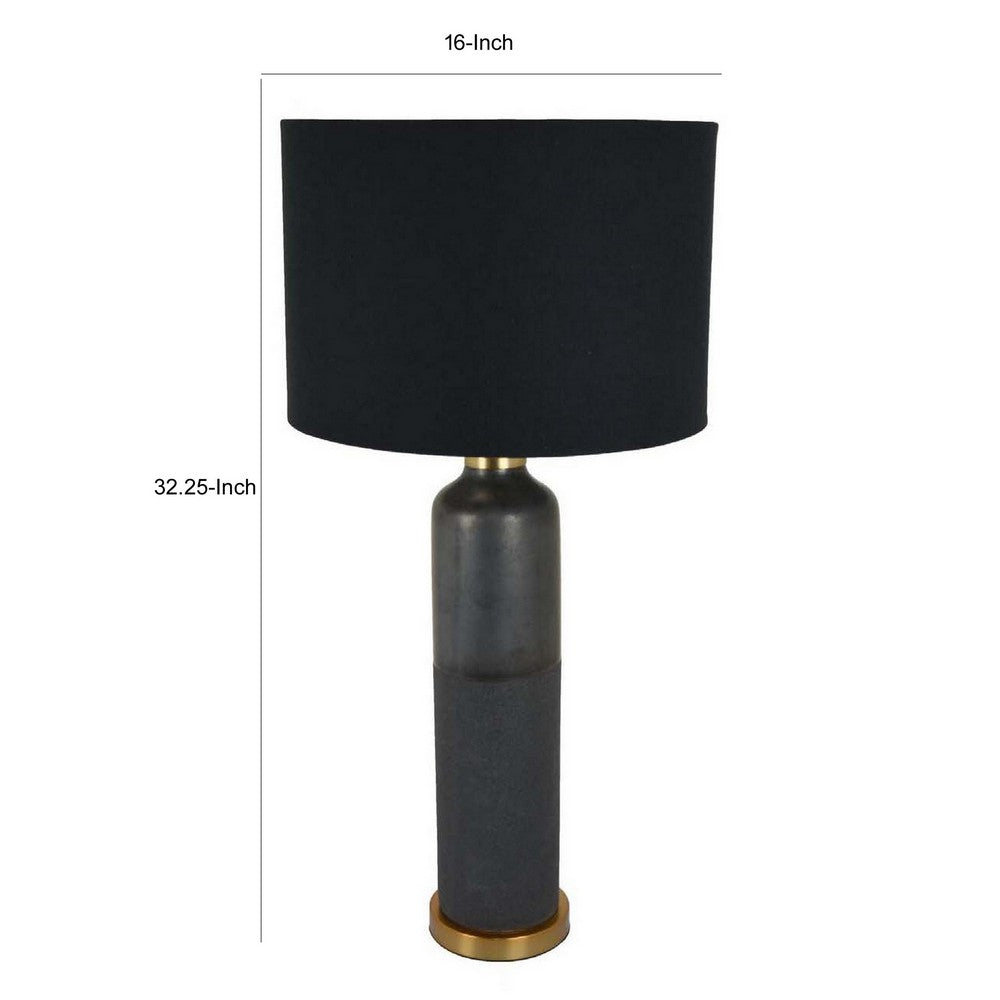 32 Inch Table Lamp, Drum Shade, Ceramic Cylinder Body, Matte Black Finish By Casagear Home