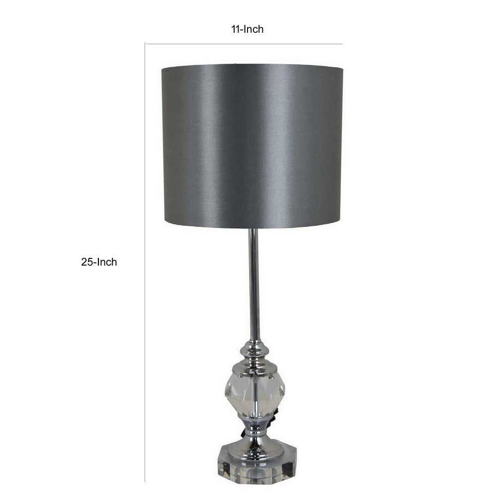 25 Inch Table Lamp, Gray Drum Shade, Modern Clear Glass Finial Body, Gray By Casagear Home
