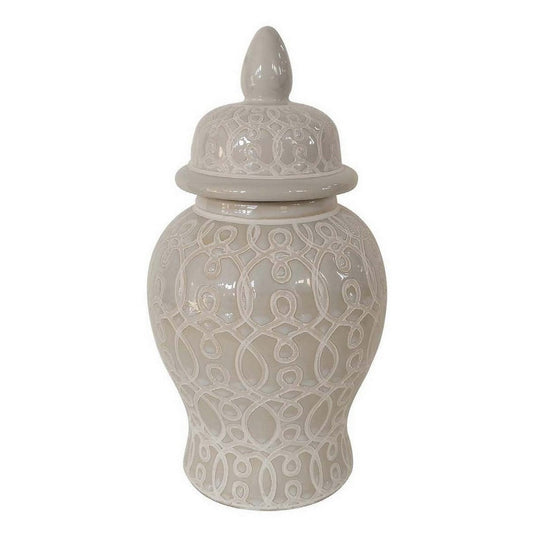 12 Inch Temple Jar, Ceramic Intricate Geometric Pattern, Taupe Beige By Casagear Home