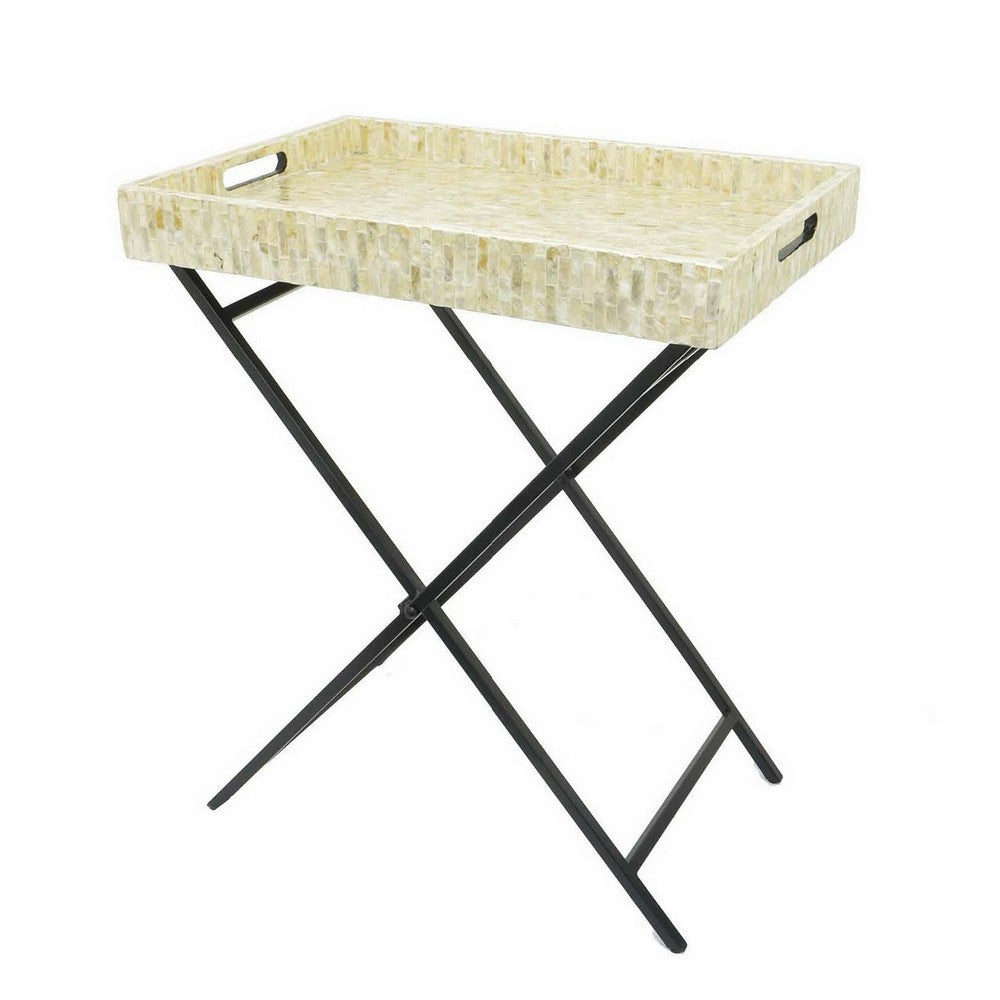 Dain 28 Inch Serving Tray Table, Foldable, Black Metal Stand, White Finish By Casagear Home