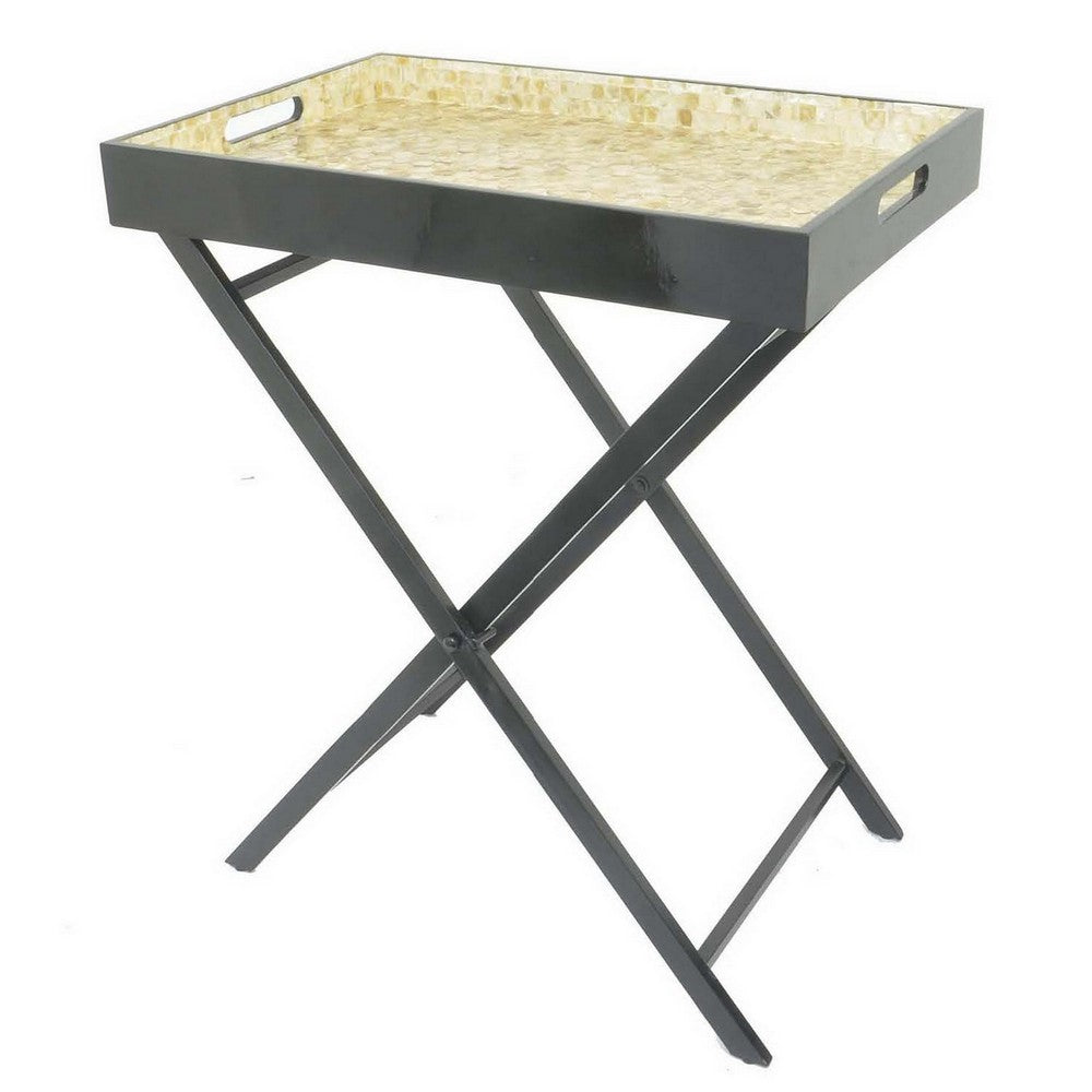 Dain 28 Inch Serving Tray Table, Foldable, Black Metal Stand, Multicolor By Casagear Home