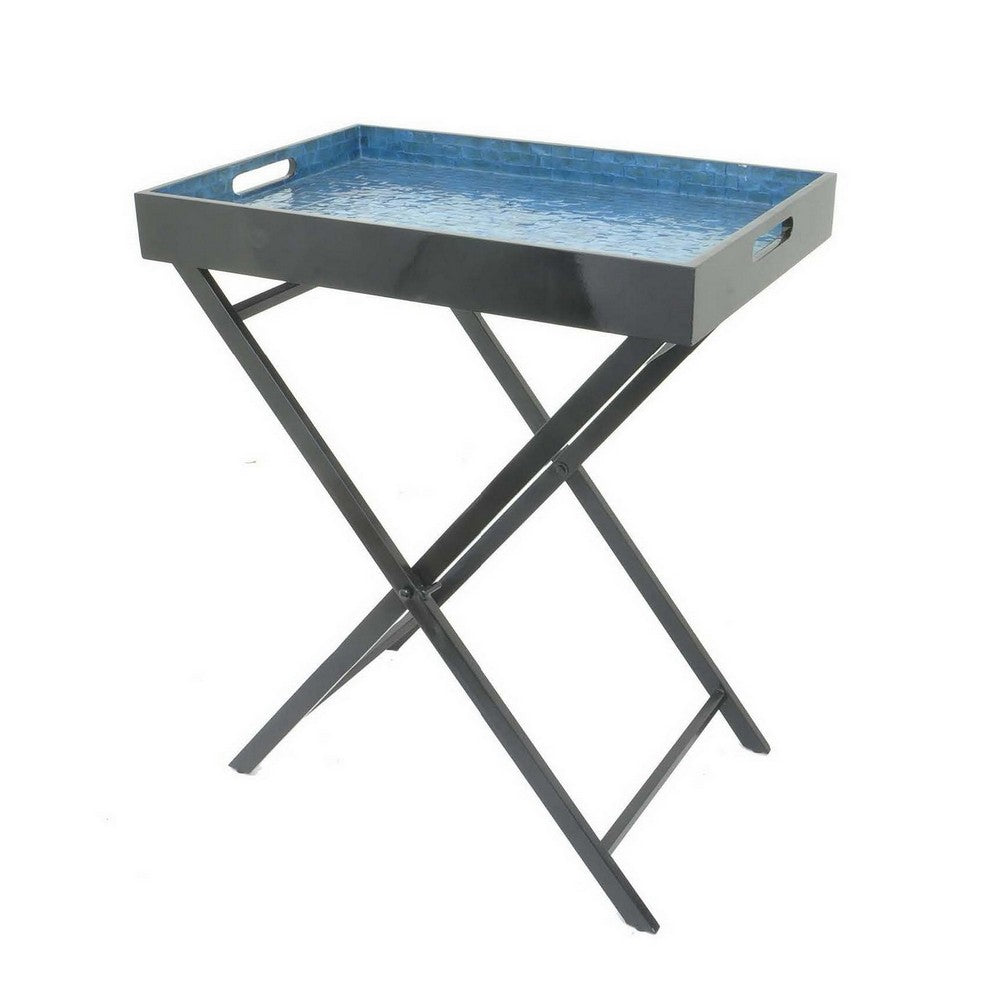 Dain 28 Inch Serving Tray Table, Foldable, Black Metal Stand, Blue Finish By Casagear Home