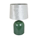 27 Inch Table Lamp, Drum Shade, Round Drop Shaped Glass Body, Green Finish By Casagear Home