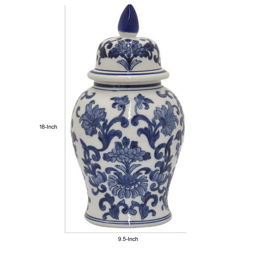 18 Inch Temple Jar, Ceramic Blue and White Floral Print, Removable Lid By Casagear Home