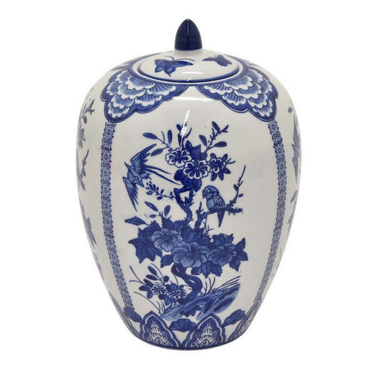 12 Inch Jar, Blue Floral Print, Removable Lid, White Ceramic, Traditional By Casagear Home
