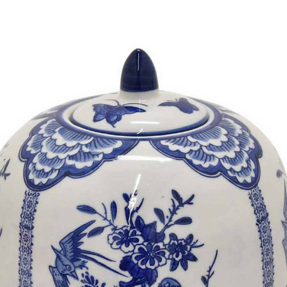 12 Inch Jar, Blue Floral Print, Removable Lid, White Ceramic, Traditional By Casagear Home