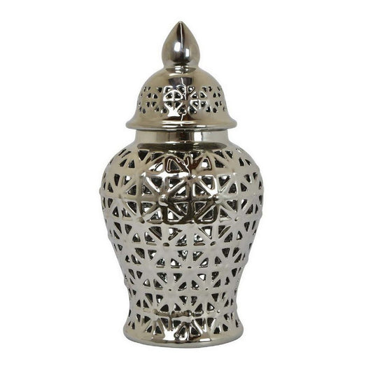 13 Inch Ginger Jar, Pierced, Carved Lattice Design, Removable Lid, Silver By Casagear Home