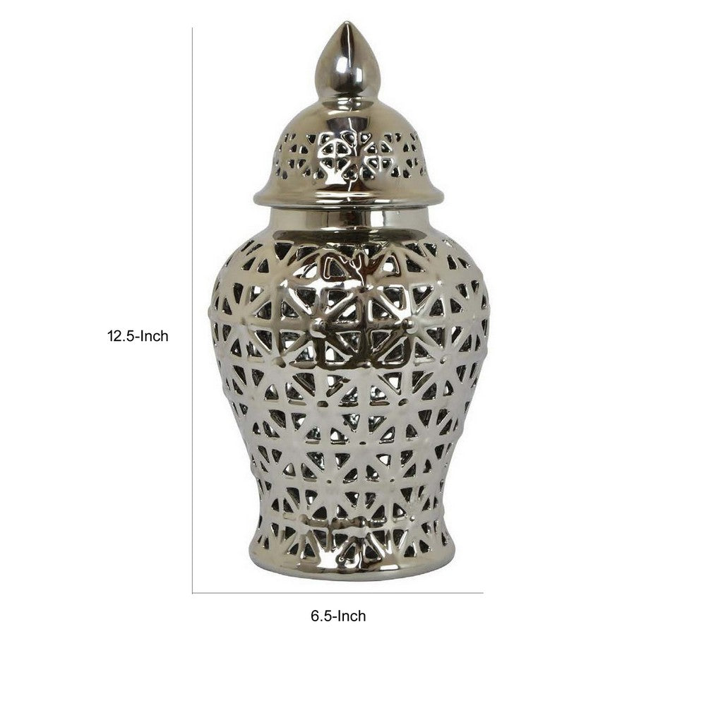 13 Inch Ginger Jar, Pierced, Carved Lattice Design, Removable Lid, Silver By Casagear Home