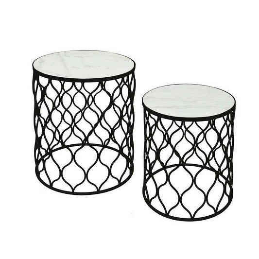 21 Inch Plant Stands Set of 2, Lattice Design, Round Marble Top, Black By Casagear Home