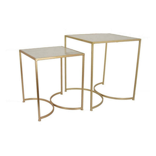 24 Inch Plant Stands Set of 2, White Marble Top, Cantilever Gold Frame By Casagear Home
