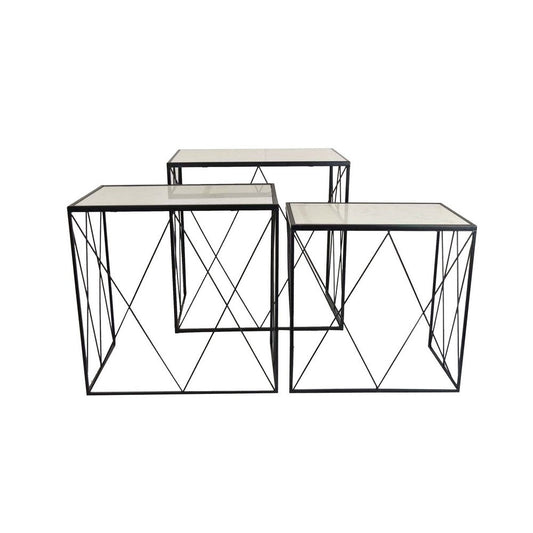 Plant Stands Set of 3, Geometric Open Metal Frame, Glass Top, Black Finish By Casagear Home