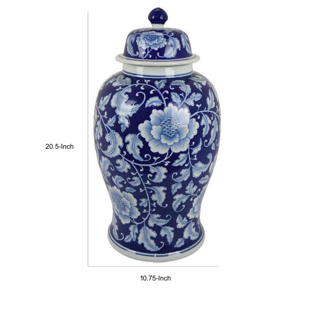 21 Inch Temple Ginger Jar, Blue, White Floral Print, Lid, Ceramic Pottery By Casagear Home