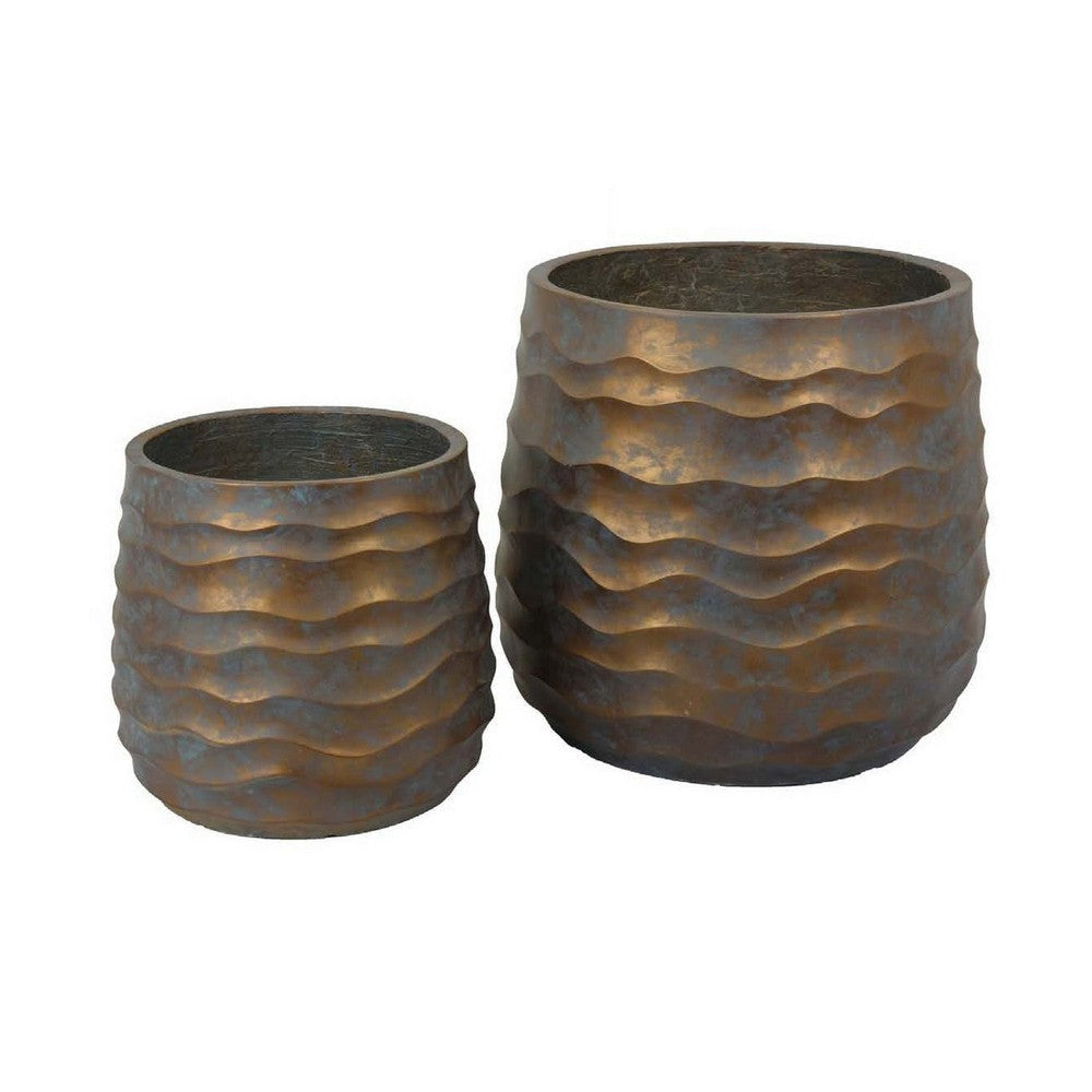 18 Inch Planter Set of 2, Wavy Design, Indoor Outdoor Rustic Bronze Resin By Casagear Home