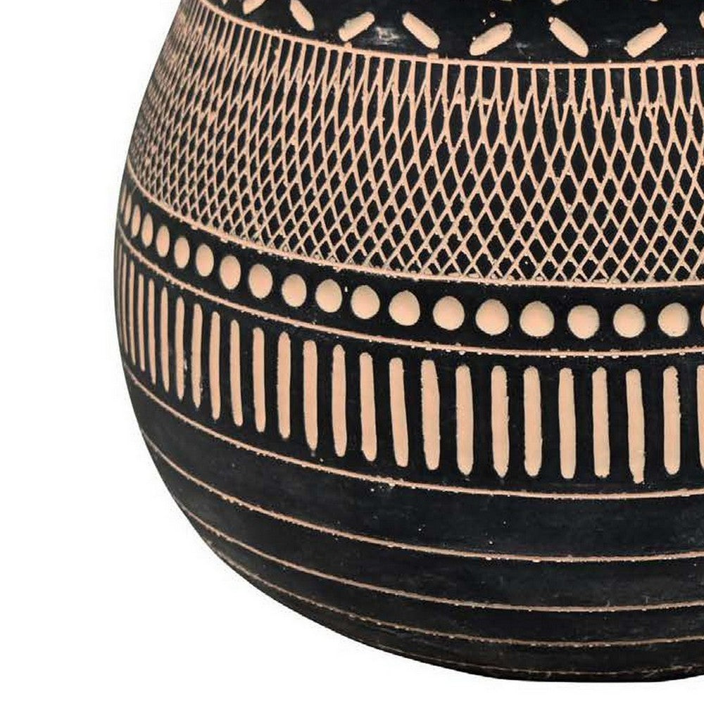 12 Inch Planter, Resin, Large Pot Shape, Tribal Design, Black and Beige By Casagear Home