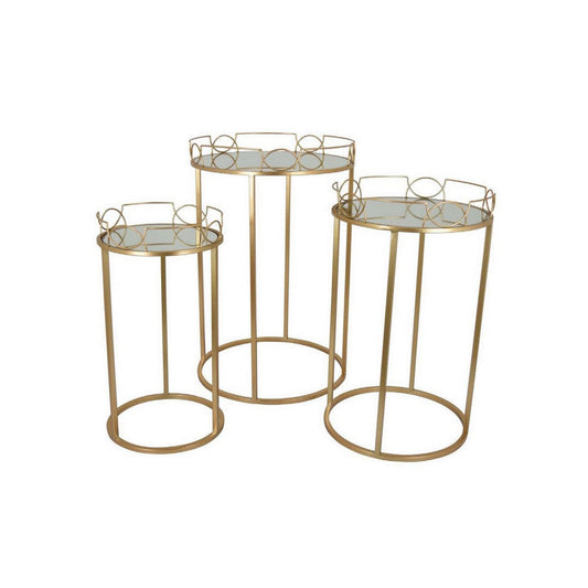 28 Inch Plant Stand Table Set of 3, Gold Metal Frame, Round Glass Top By Casagear Home