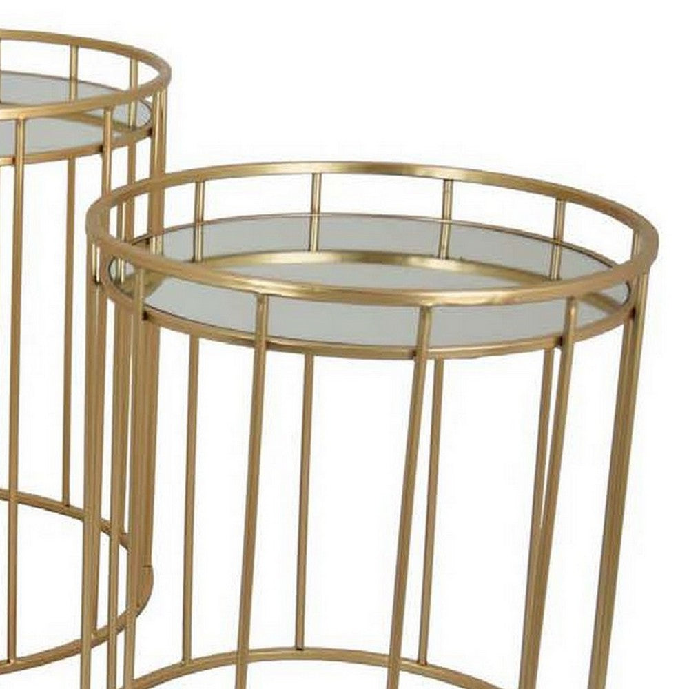 20 Inch Plant Stand Table Set of 3, Gold Metal Frame, Mirror Tray Top By Casagear Home