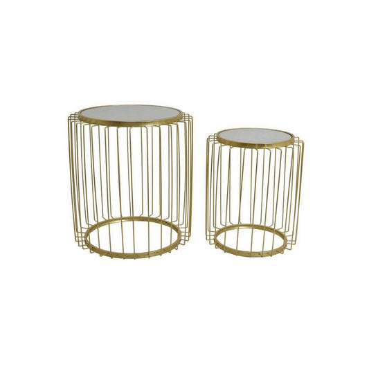 Miln 21 Inch Plant Stand Table Set of 2, Gold Cage Frame, Round Mirror Top By Casagear Home