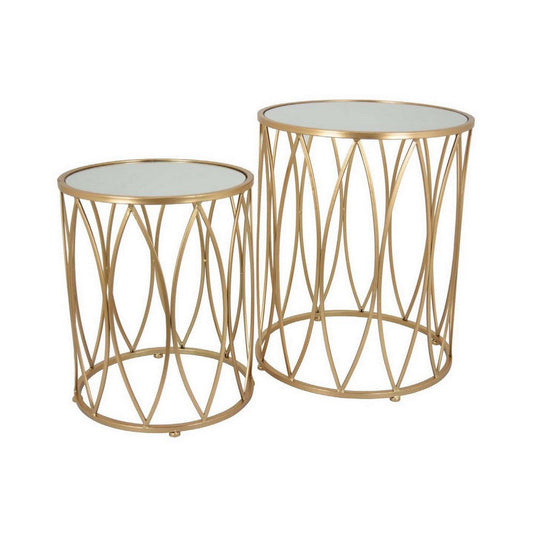 22 Inch Plant Stand Table Set of 2, Mirror Top, Gold Geometric Base By Casagear Home
