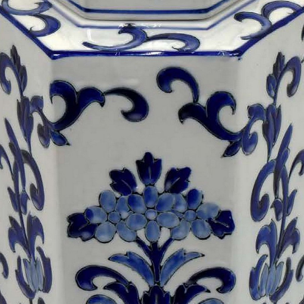 Deno 13 Inch Decorative Jar with Lid, Ceramic, Floral Design, Blue, White By Casagear Home