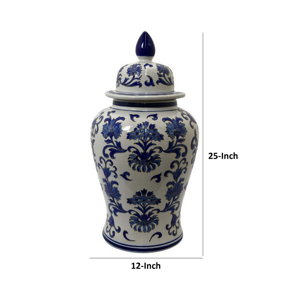 Lise 25 Inch Temple Ginger Jar, Ceramic, Multi Floral Design, White, Blue By Casagear Home