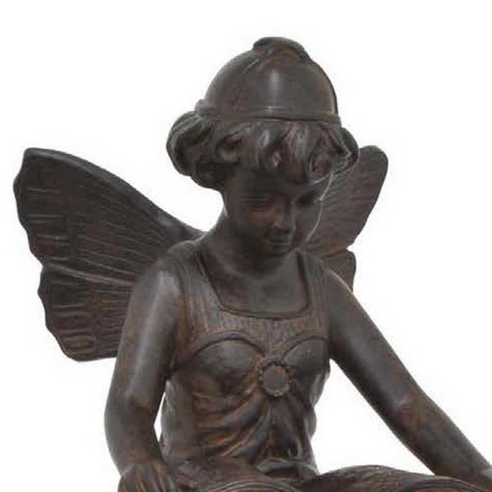 Nape 22 Inch Fairy Reading Book Figurine, Garden Statue, Resin, Brown By Casagear Home