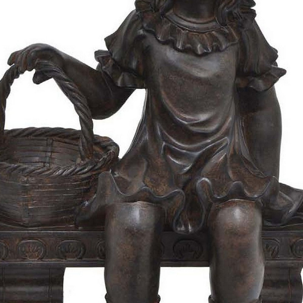 Darin 22 Inch Girl on Bench Figurine, Garden Statue Resin, Textured Brown By Casagear Home