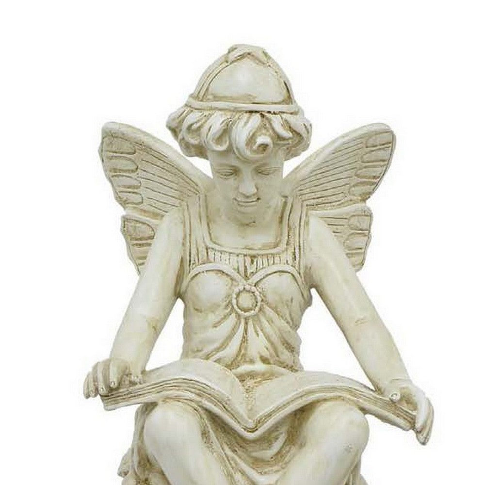 Nape 22 Inch Fairy Reading Book Figurine, Garden Statue, Resin, White By Casagear Home