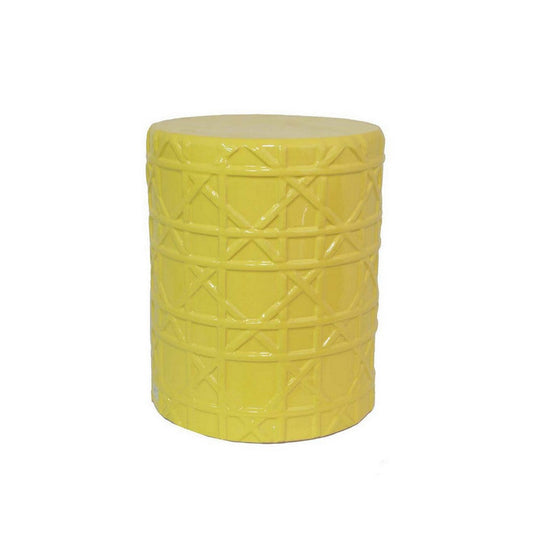 18 Inch Plant Stand Table, Cylindrical Embossed Ceramic Stool, Yellow By Casagear Home