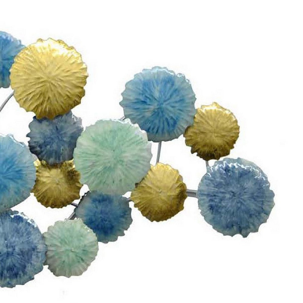 32 Inch Wall Art, Puff Ball Abstract Floral Design, Metal, Blue, Gold By Casagear Home