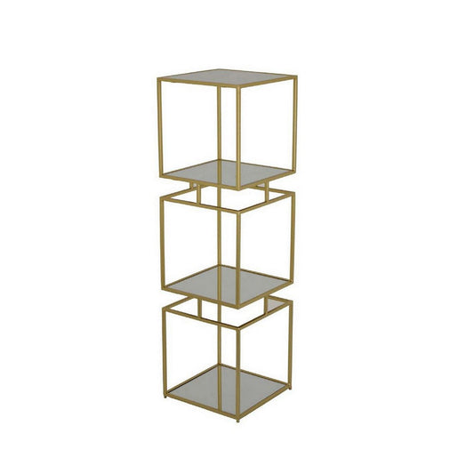 Joy 41 Inch Plant Stand Shelves, Mirrored Box Shape, 3 Tier, Gold Metal By Casagear Home