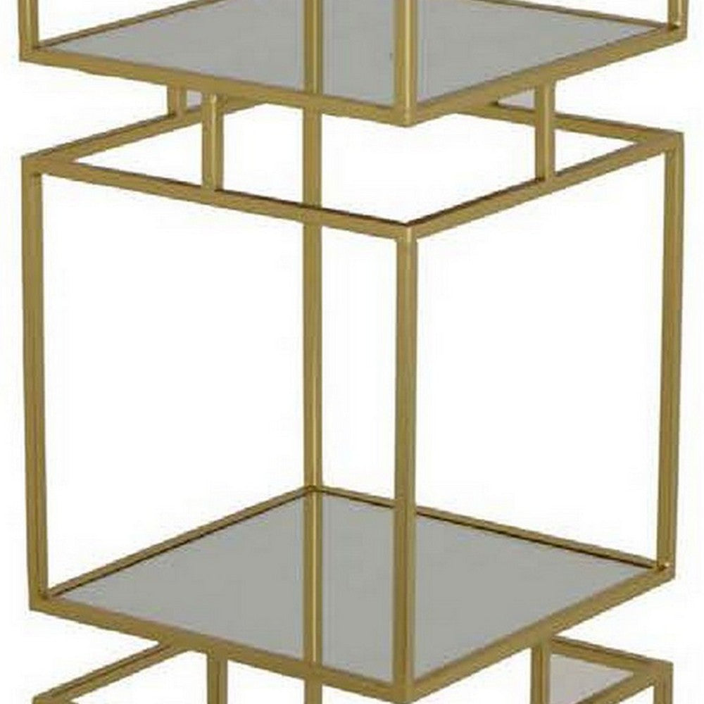 Joy 41 Inch Plant Stand Shelves, Mirrored Box Shape, 3 Tier, Gold Metal By Casagear Home