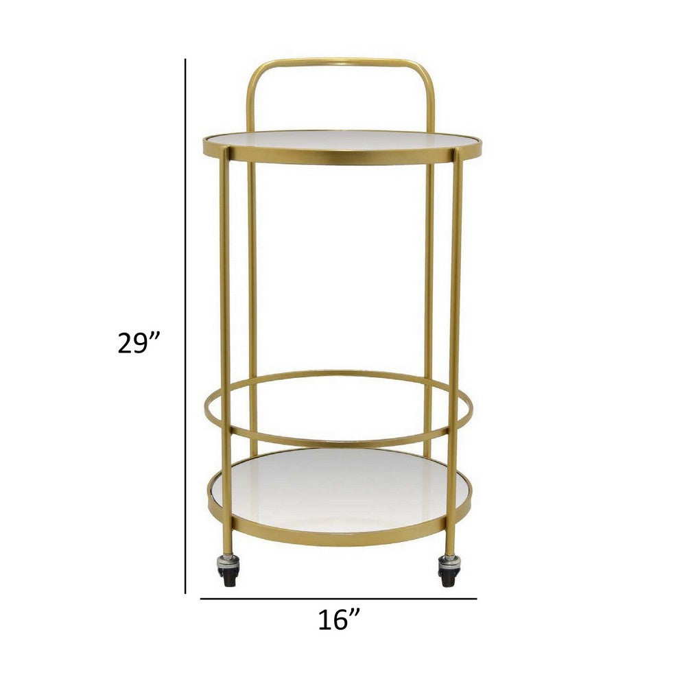 Joy 29 Inch Mirrored Plant Stand, Rolling Round Cart, 2 Tiers, Gold Metal By Casagear Home