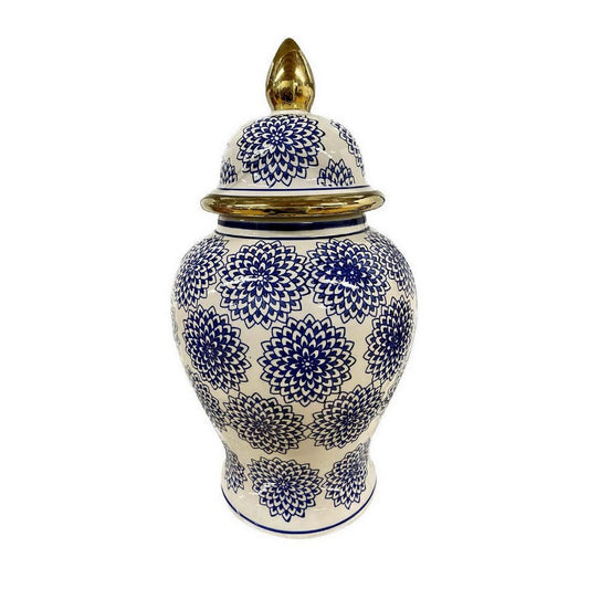 Bryan 18 Inch Ceramic Temple Jar, Floral Print, Gold Handle, Blue, White By Casagear Home