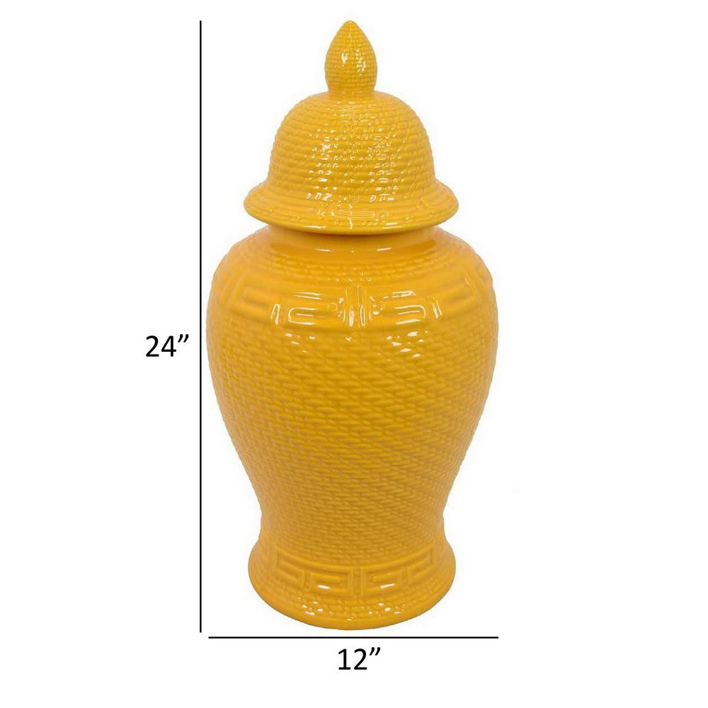 Bryan 24 Inch Ceramic Temple Jar, Geometric Print, Finial Top, Yellow By Casagear Home