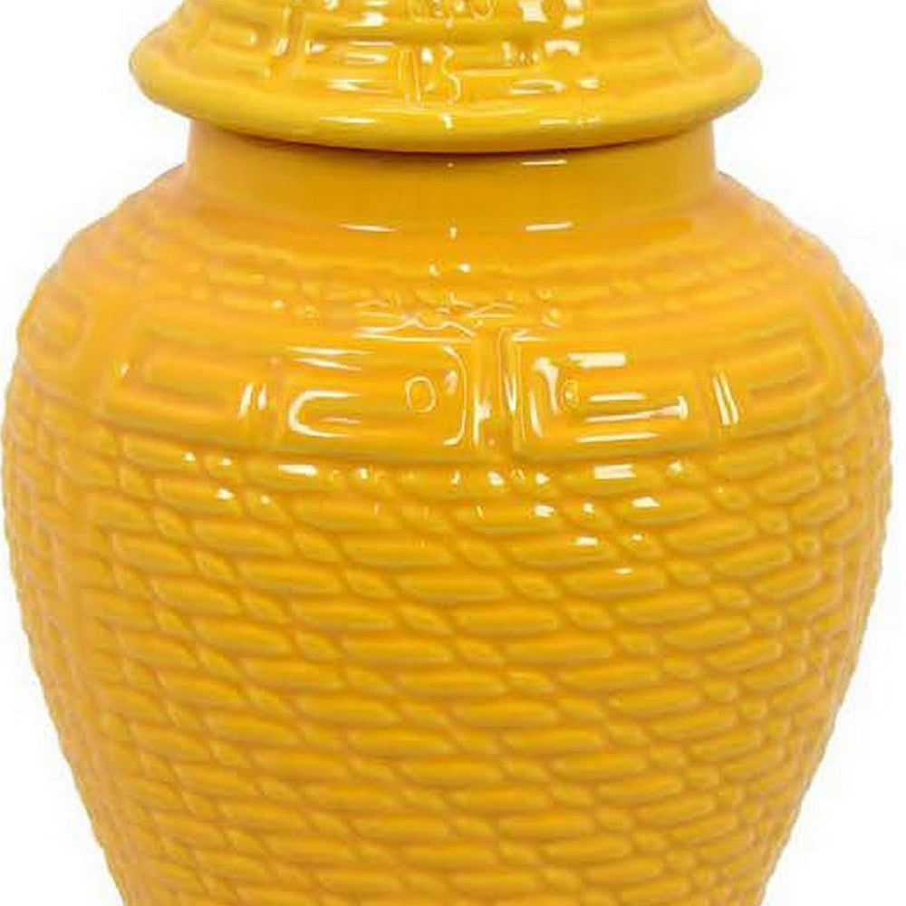 Bryan 13 Inch Ceramic Temple Jar, Geometric Print, Finial Top, Yellow By Casagear Home