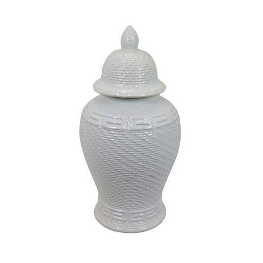Bryan 24 Inch Ceramic Temple Jar, Geometric Print, Finial Top, White By Casagear Home