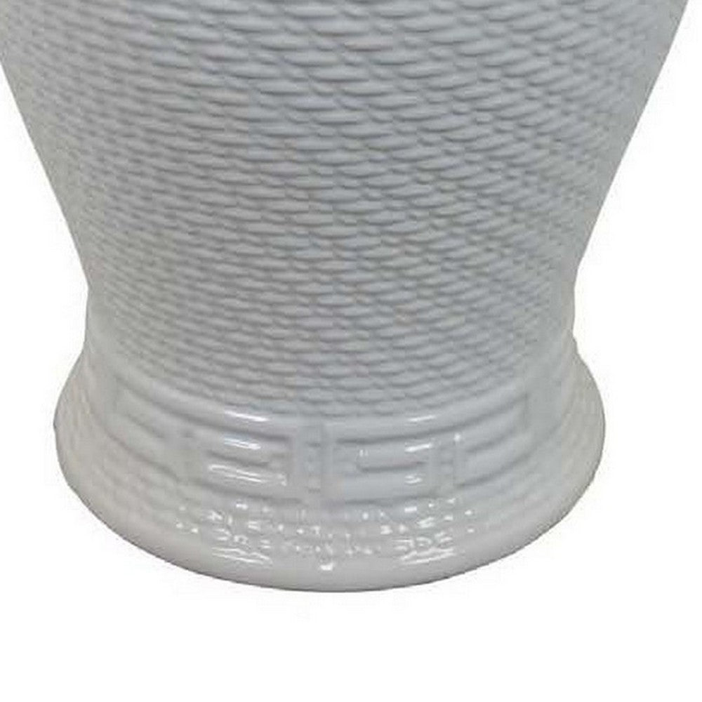 Bryan 24 Inch Ceramic Temple Jar, Geometric Print, Finial Top, White By Casagear Home