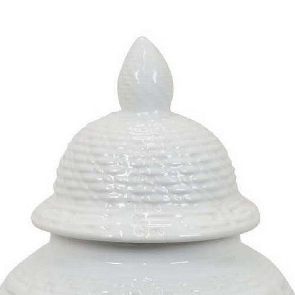 Bryan 18 Inch Ceramic Temple Jar, Geometric Print, Finial Top, White By Casagear Home