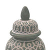 12 Inch Temple Jar, Ceramic Intricate Geometric Pattern, Removable Lid, Olive Green By Casagear Home