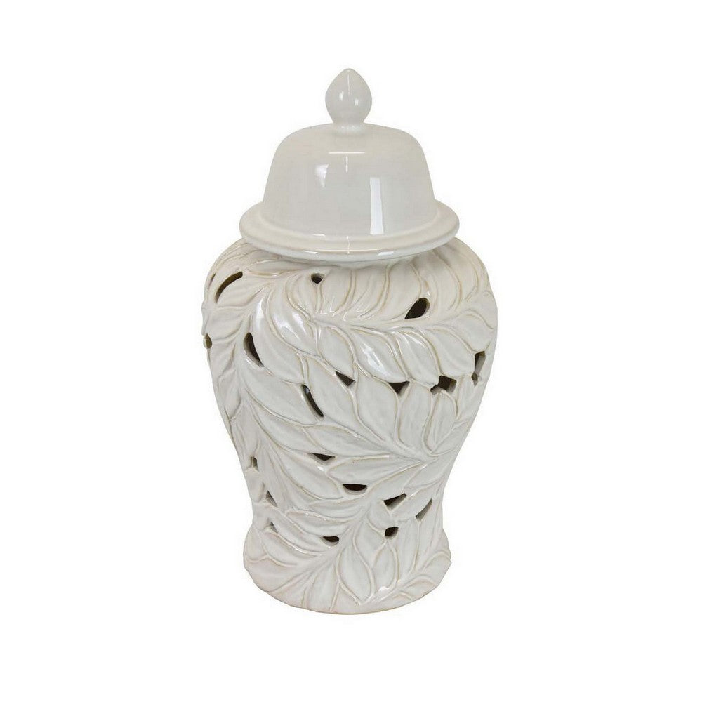14 Inch Temple Ginger Jar, Ceramic Cutout Pattern, Removable Lid, White By Casagear Home