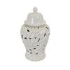 14 Inch Temple Ginger Jar, Ceramic Cutout Pattern, Removable Lid, White By Casagear Home