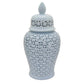 Deni 20 Inch Temple Jar, Ceramic Blue White Floral Cut Out Design with Lid By Casagear Home