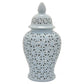 Deni 26 Inch Temple Jar, Ceramic Blue White Floral Cut Out Design with Lid By Casagear Home