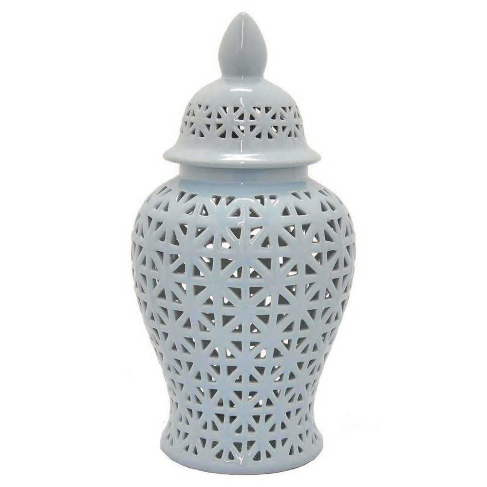 Deni 26 Inch Temple Jar, Ceramic Blue White Floral Cut Out Design with Lid By Casagear Home