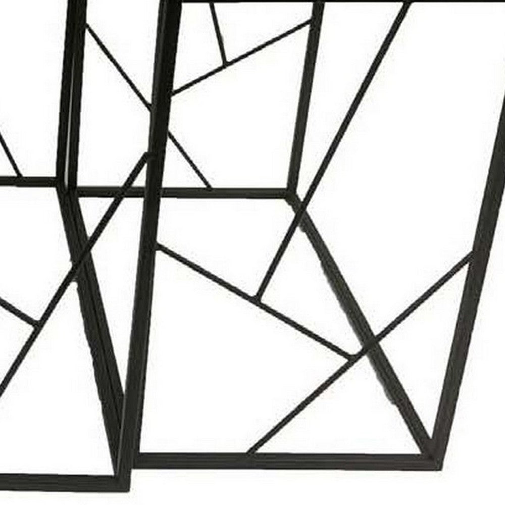 Plant Stand Table Set of 3, Geometric Style Black Metal Frames, Marble Top By Casagear Home