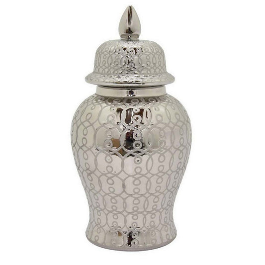 Deni 25 Inch Temple Jar, Classic Design, Removable Lid, Ceramic, Silver By Casagear Home