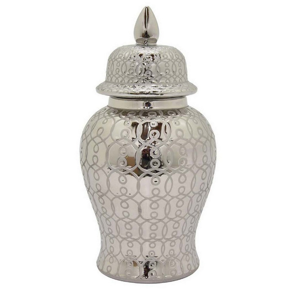 Deni 19 Inch Temple Jar, Classic Design, Removable Lid, Ceramic, Silver By Casagear Home